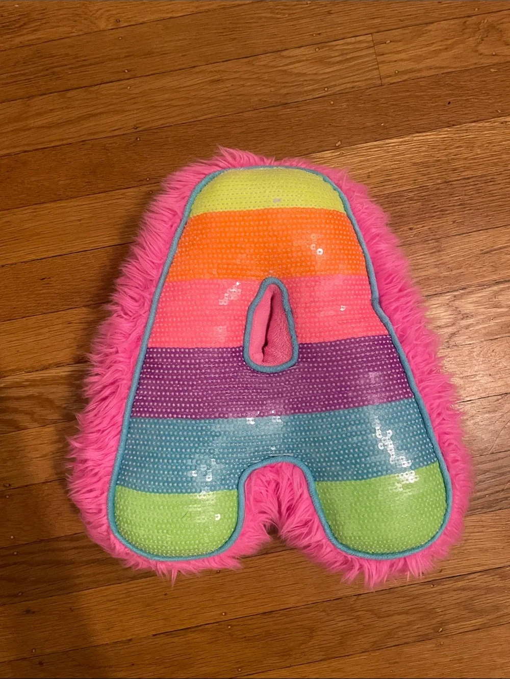 Vintage Claire's Pink Fuzzy Letter A Pillow with Rainbow Sequin Stripes
